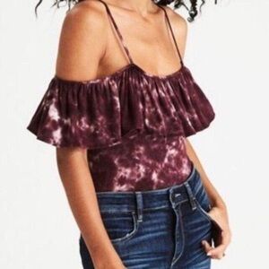 American Eagle Soft & Sexy Purple Tie-Dye Ruffle Cold Shoulder Bodysuit Large